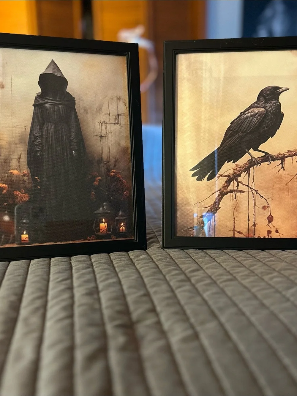 Framed Black Gothic Crow and Hooded Figure Art Prints - Black Frames